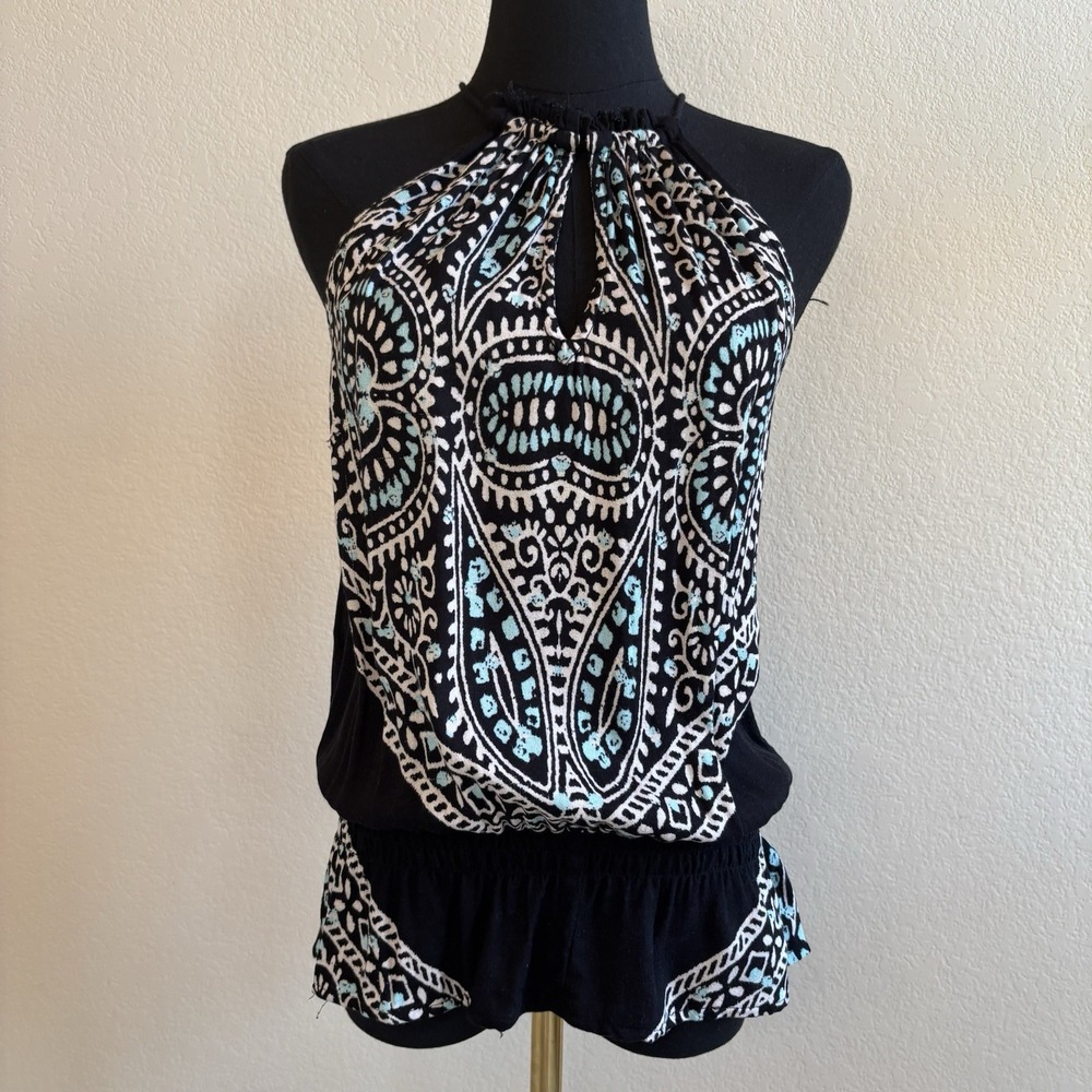 Ella Moss Black Boho Blouse Small Keyhole Tank Top Blue White Print Rayon